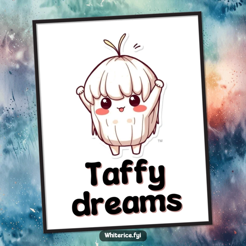 Funny Sticky Rice Digital Art: A determined Kawaii character comically stretching like taffy, embodying humor and resilience, perfect for home decor.