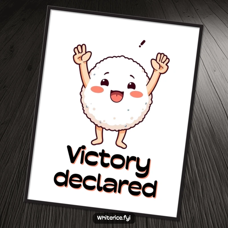 Funny digital art print of a round rice character with arms triumphantly raised, celebrating success with infectious joy.
