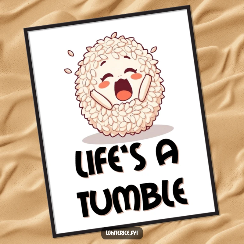Funny digital art print of a surprised pile of rice in a comical tumble, ready to add humor.