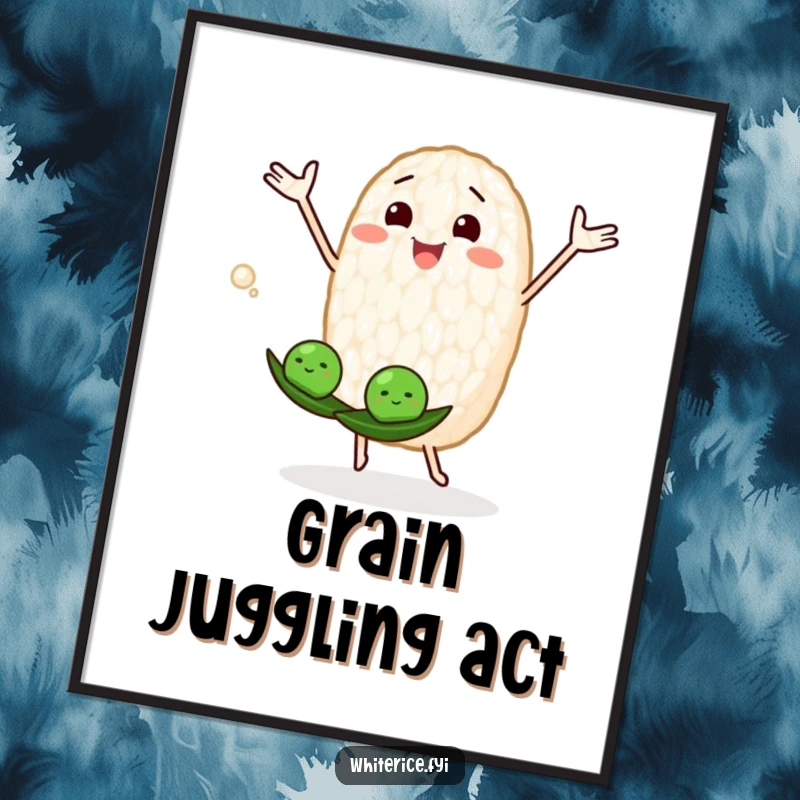 Funny digital art print of a joyous rice grain character juggling peas, offering instant playful humor.