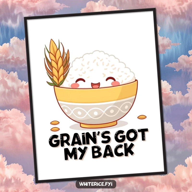 Funny digital art print of a happy rice bowl peeking from behind a large grain, offering instant humorous decoration.