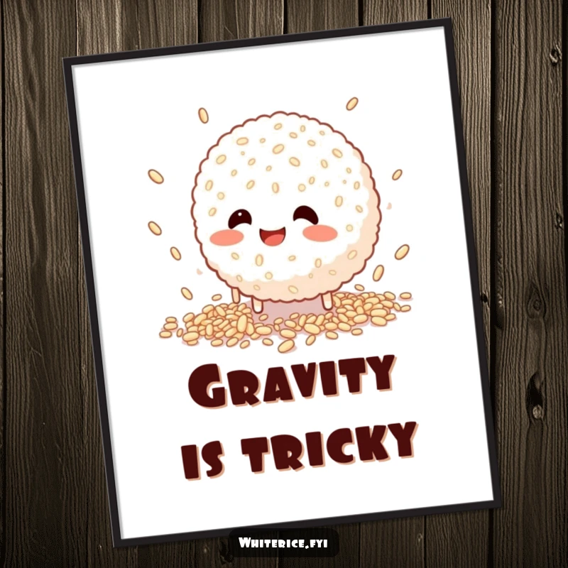 Funny digital art print of a happy rice ball character comically trying to catch falling grains, offering instant charm.