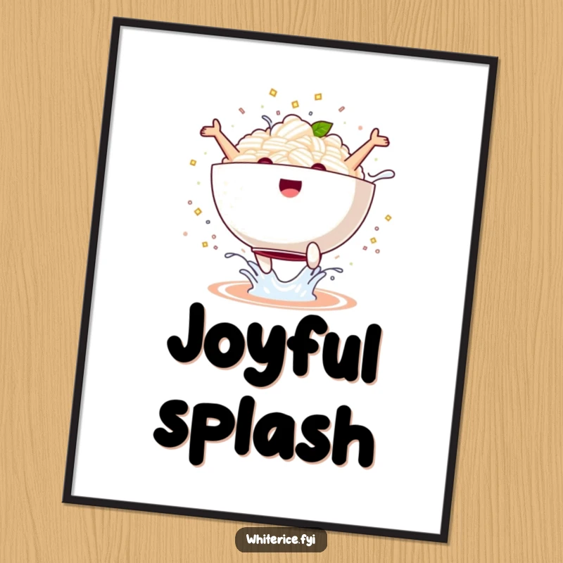 Funny kawaii rice bowl digital art print performing a joyful jump with a splash, instant energetic decor, perfect funny gift.