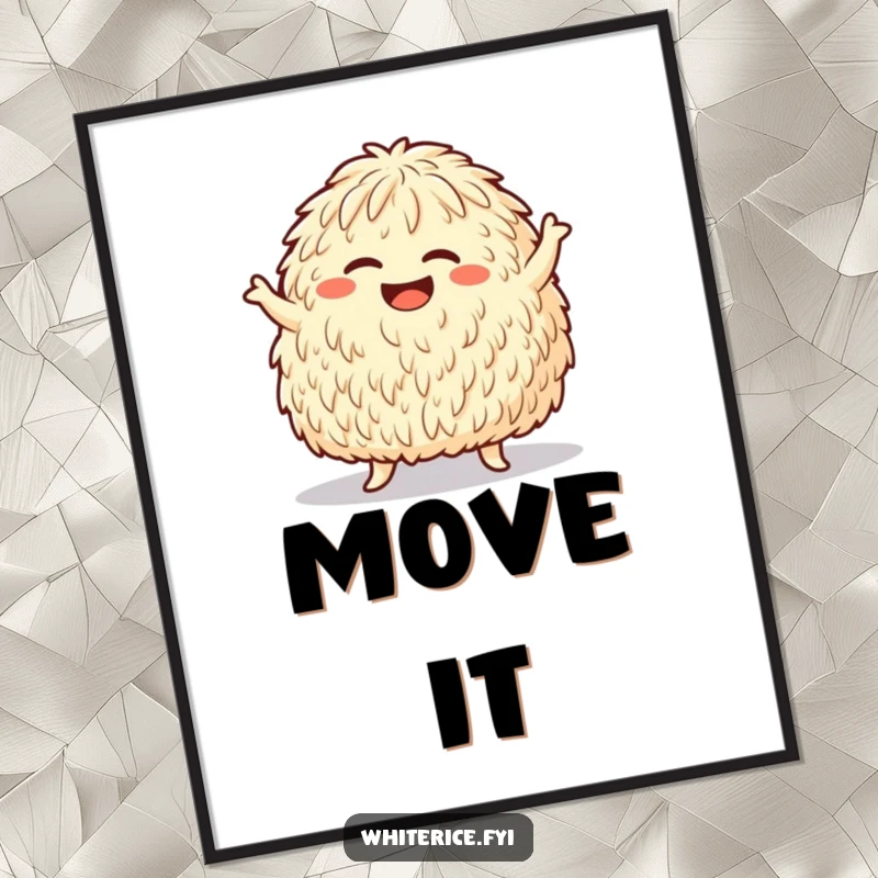 Funny digital art print of a giggling rice mound doing a silly dance move, embodying pure, infectious joy and energy.