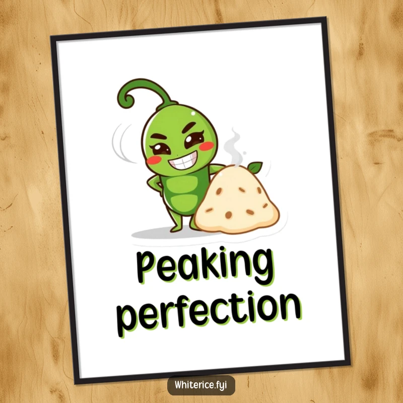 Funny proud green pea character with a determined grin posing next to a steaming mound, funny digital art.