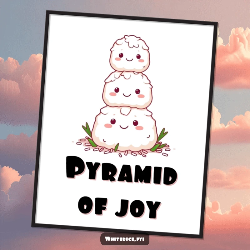 Funny digital art print of a happy stack of white rice characters forming a pyramid, for instant harmonious humor.