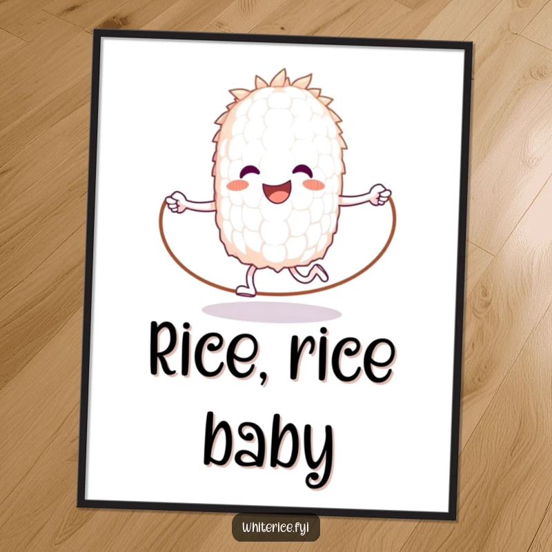 Funny digital art of a happy anthropomorphic white rice grain jumping rope, for motivational decor.