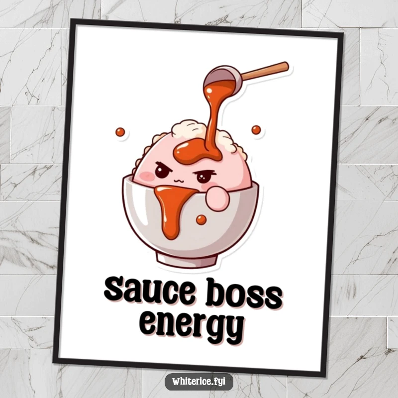 Funny digital art print of a determined pink rice bowl character pouring savory sauce, showcasing culinary focus and humor.