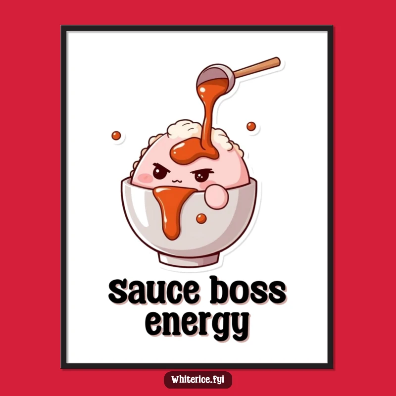 Funny Rice Bowl Chef Digital Print: Determined Character Pours Sauce, Art Gift