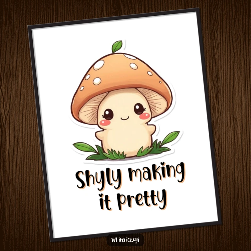 Funny digital art print of a shy brown mushroom character adding a food garnish, whimsical and humorous.