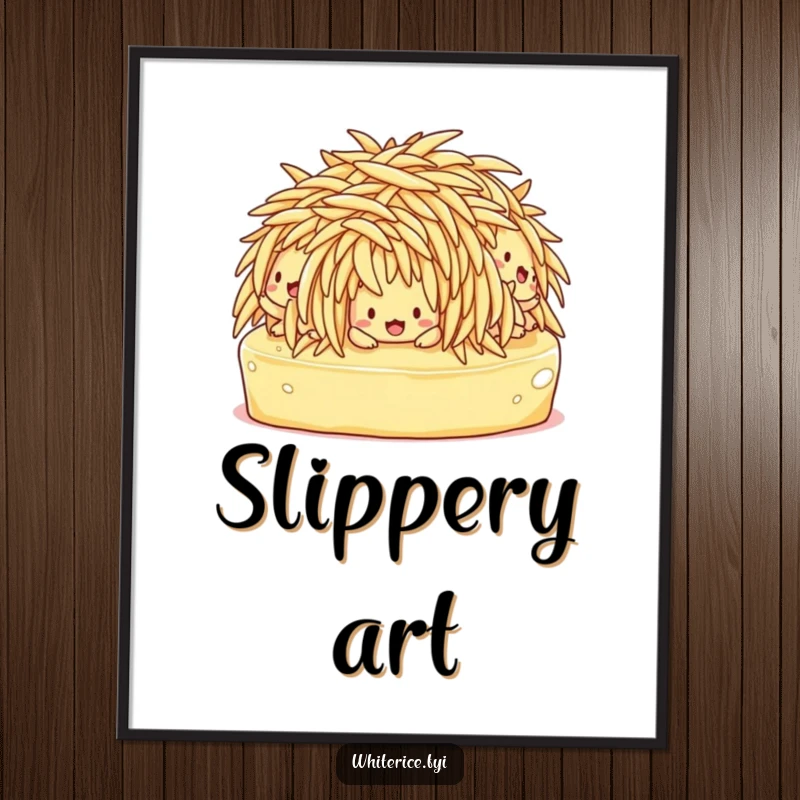 Funny digital art print capturing a comical scene of confused rice characters slipping and sliding on butter.