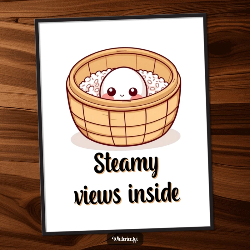 Funny curious rice grain digital art, peeking from bamboo steamer, whimsical and cute printable decor.
