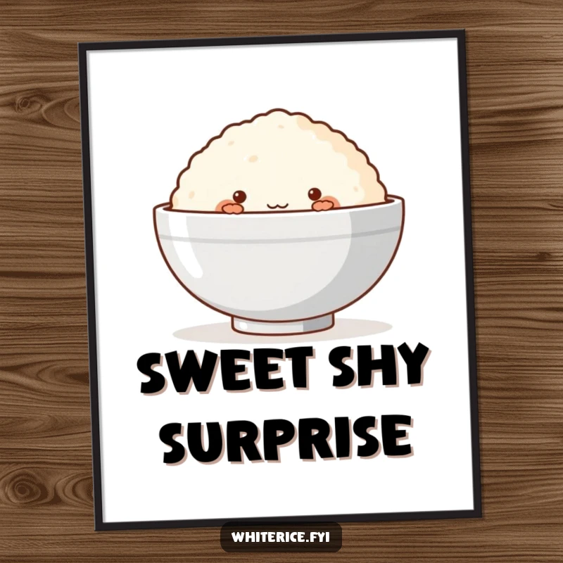 Funny digital art print of a blushing rice cake shyly peeking from behind a bowl, conveying sweet shyness.