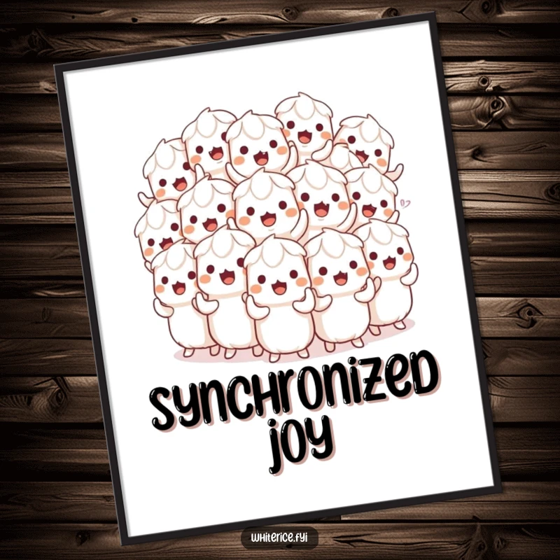 Funny digital art print of a playful pile of white rice characters in a synchronized, infectious wiggle, perfect for lively decor.