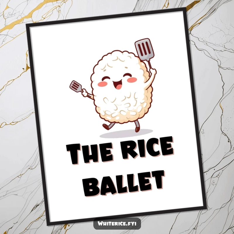 Funny digital art print of a cheerful, plump grain of rice character happily dancing with a tiny spatula, whimsical food artwork.