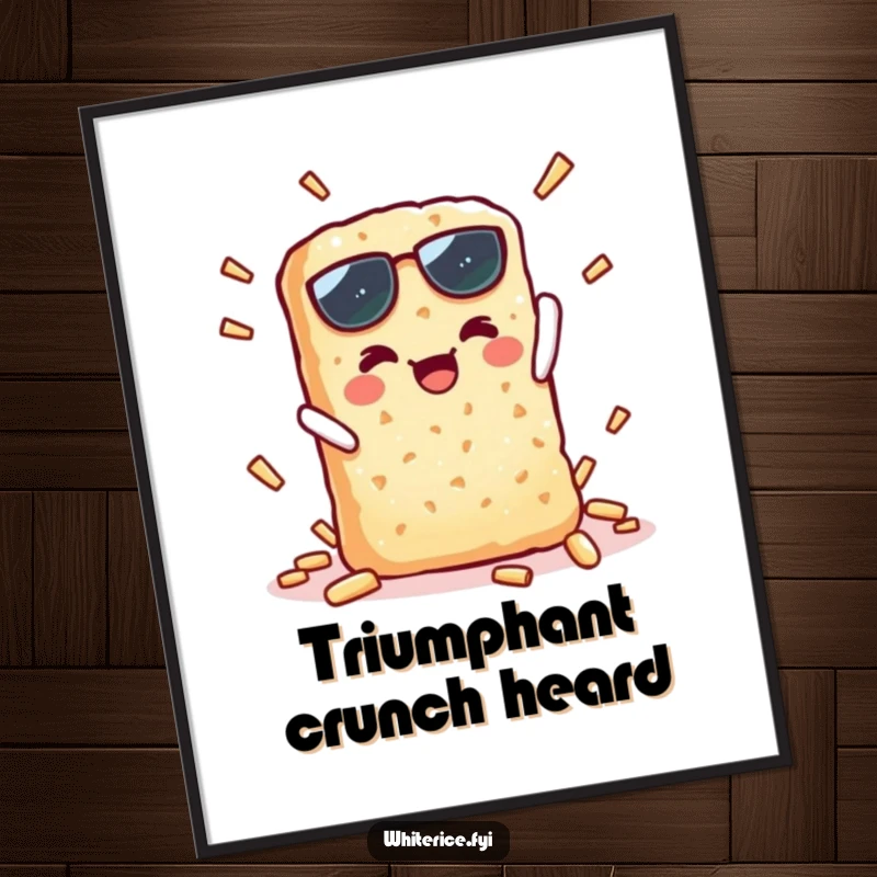 Funny digital art print of a kawaii rice cracker character doing a crisp, triumphant snap, ideal for instant humorous decor.