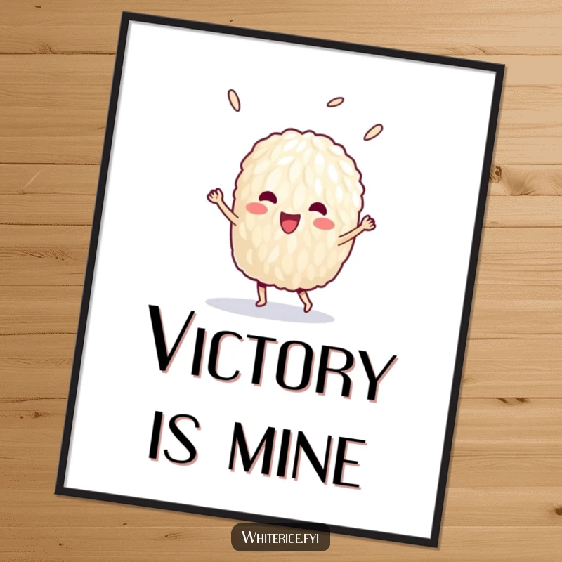 Funny digital art print of a delighted grain of rice doing a victory dance, ready to add cheer.