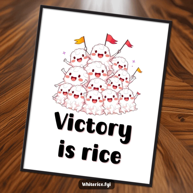 Funny digital art of a smiling pile of white rice characters cheering and waving tiny flags, for decor.