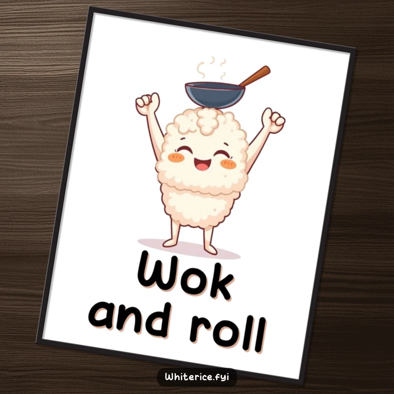 Funny cheerful white rice character with a triumphant smile holding aloft a miniature wok, instant art.