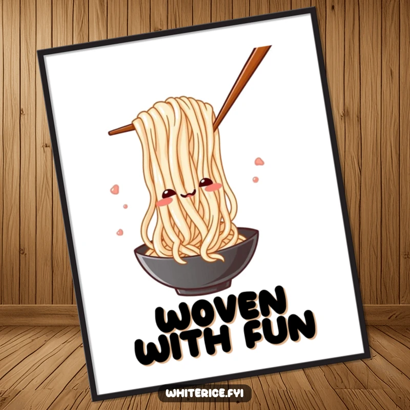 Funny digital art print featuring a silly rice noodle playfully weaving through chopsticks in a humorous and dynamic scene.