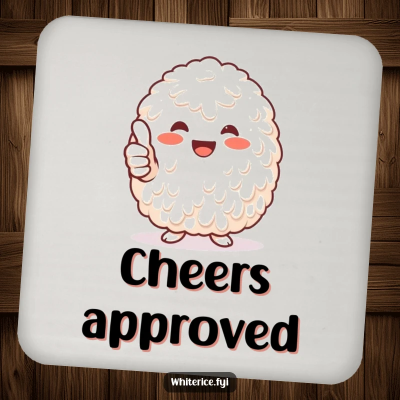 Funny heap of white rice giving a thumbs-up drink coaster, adding a humorous and positive touch to any surface.