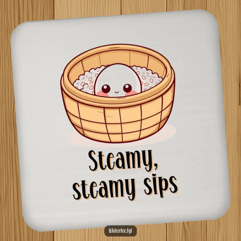 Funny curious rice grain coaster, peeking from bamboo steamer, cute and protective drink accessory.