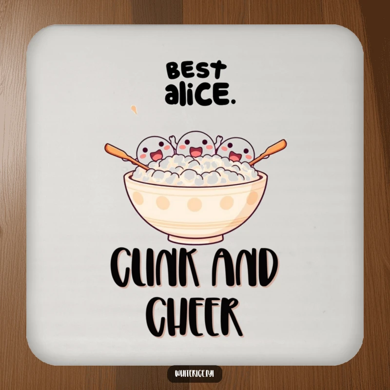 Funny drink coaster featuring an excited bowl of rice characters cheering with spoons, perfect for adding joy to surfaces.