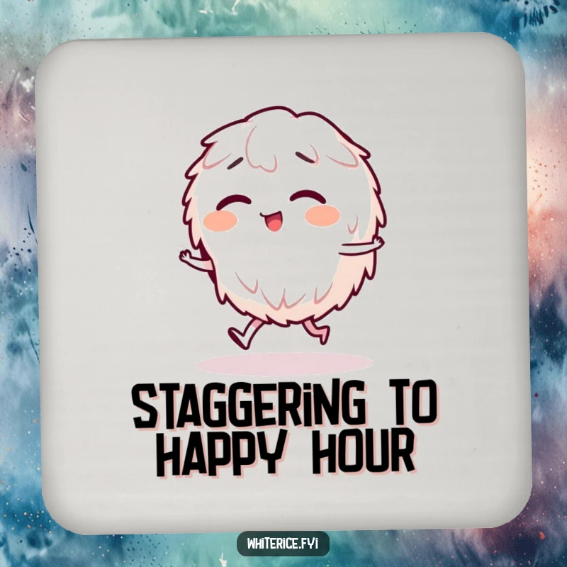 Funny drink coaster featuring a giggling rice character doing a funny stagger, a humorous and practical table accessory.