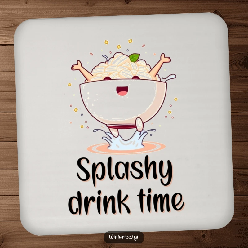 Funny kawaii rice bowl drink coaster performing a joyful jump with a splash, protecting surfaces with hilarious splash art, perfect funny gift.