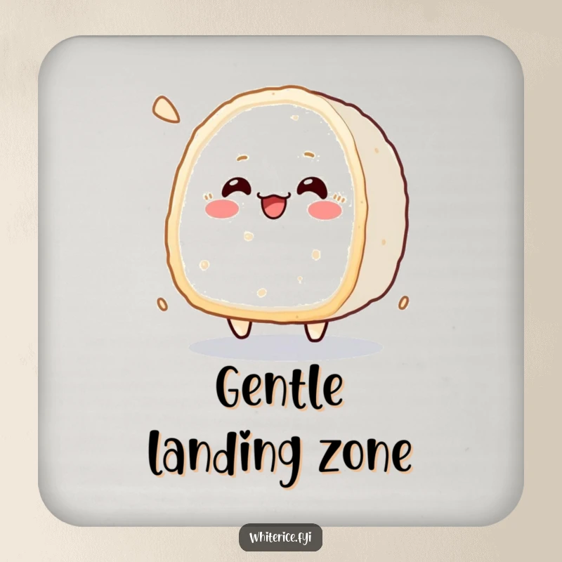 Funny kawaii drink coaster featuring a cheerfully bouncing rice cake character, bringing joy to surfaces.
