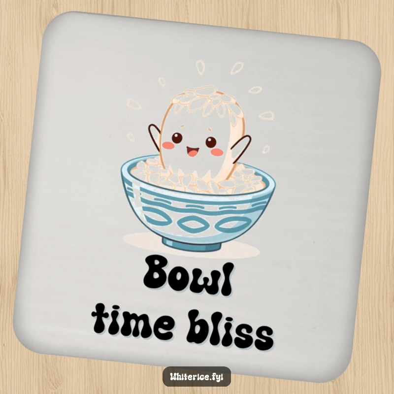 Funny kawaii white rice grain character leaping into a steaming rice bowl, on a drink coaster, adding a cute and humorous touch.