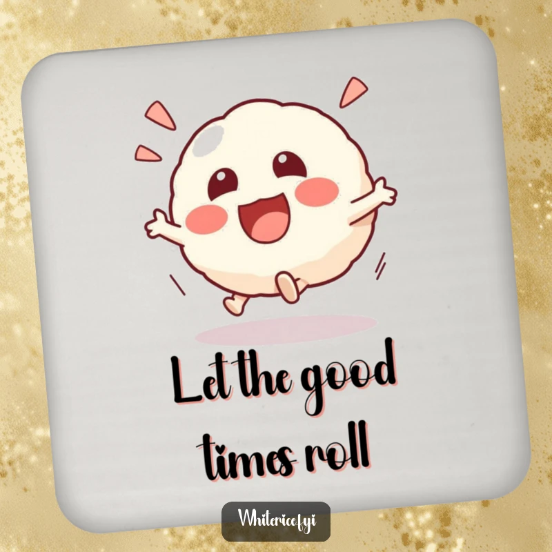 Funny Kawaii risotto ball coaster showing an excited character rolling playfully, providing surface protection with a dose of fun and humor, a great gift.