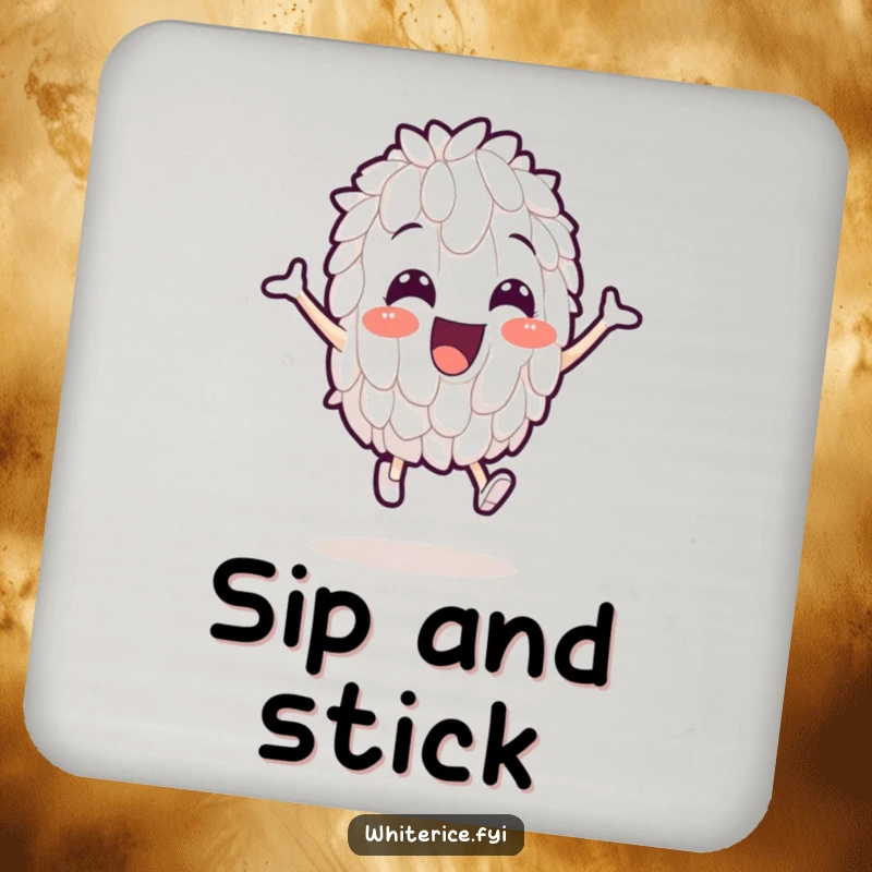 Funny drink coasters featuring a cheerful white rice grain character comically leaping, adding humor to beverage service.