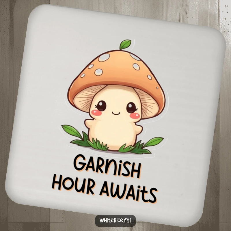 Funny coaster with a shy brown mushroom character adding a food garnish, a charming and practical table accessory.