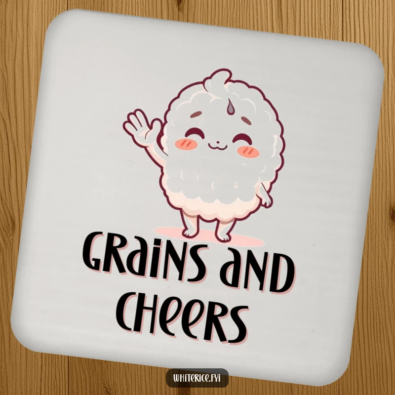 Funny rice character drink coaster with a happy white rice grain waving. Protects furniture with a touch of humor.