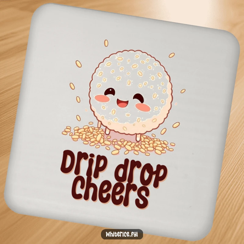 Funny drink coaster with a happy rice ball character comically attempting to catch falling grains, adding humor to any surface.
