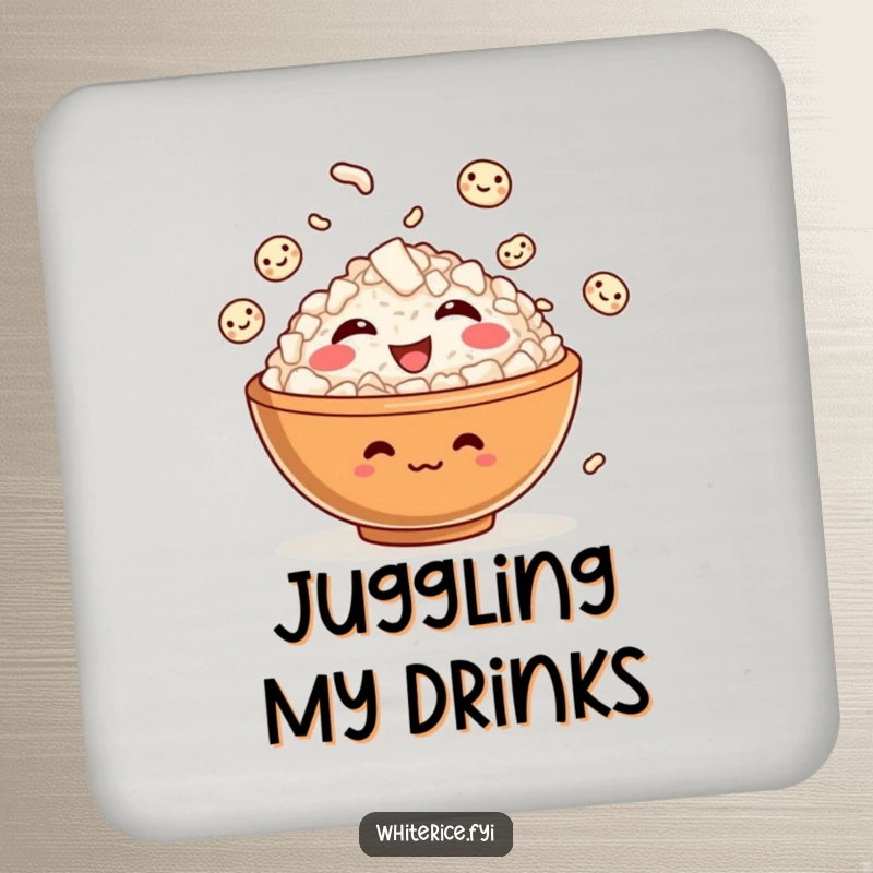 Funny coaster set showing a giggling rice bowl character juggling smiling rice grains, protecting surfaces with humor.