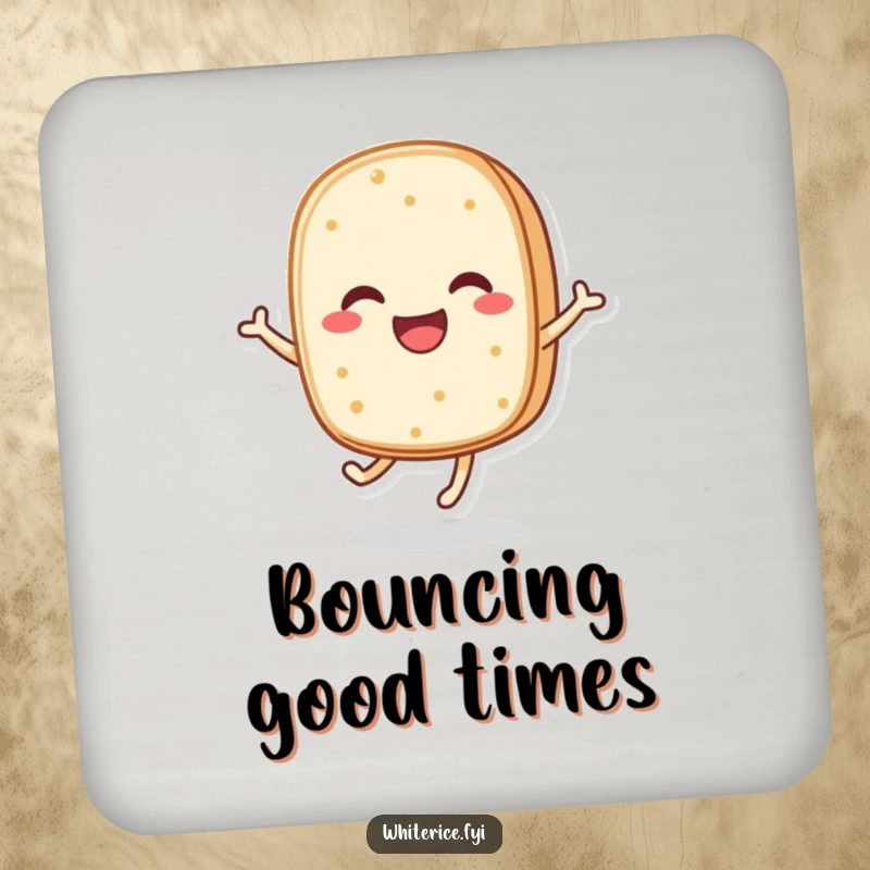 Funny coaster set showing a happy rice cake character bouncing, protecting surfaces with a smile and cheer.