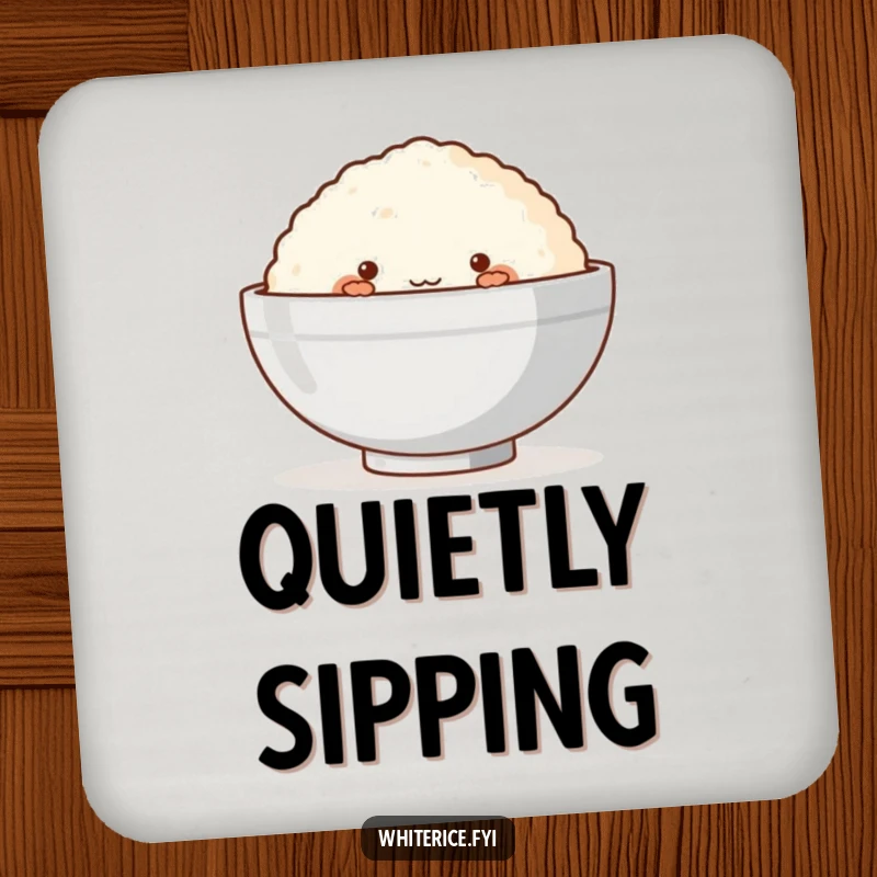 Funny drink coaster showing a blushing rice cake shyly peeking from behind a larger bowl, full of sweet charm.