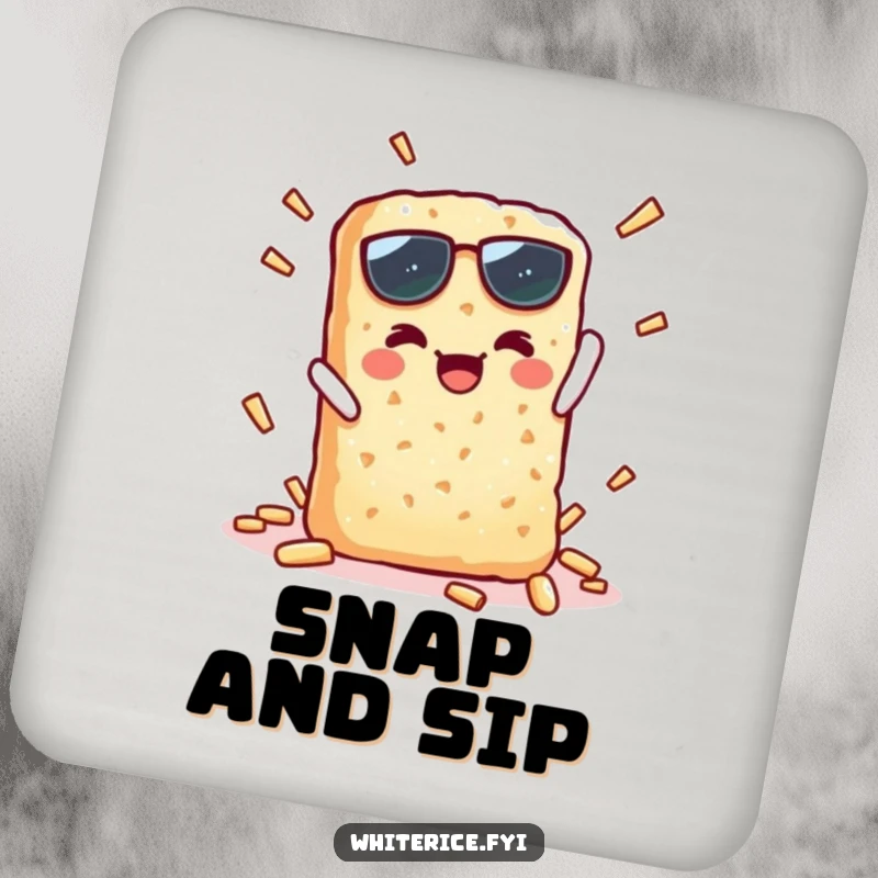 Funny drink coaster with a kawaii rice cracker character performing a crisp, triumphant snap, offering surface protection humor.