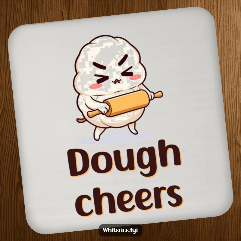 Funny drink coaster with a determined rice dumpling character pushing a tiny rolling pin, adding focused humor to any surface.