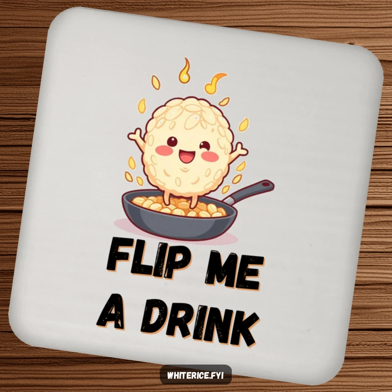 Funny rice grain character with tiny legs flipping food, featured on a protective funny drink coaster.