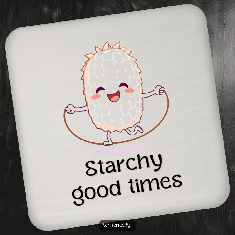 Funny drink coaster with a happy grain of rice jumping rope, protecting surfaces with fitness humor.