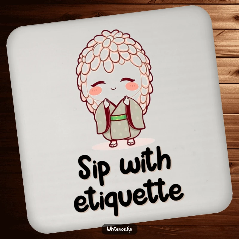 Funny drink coaster featuring a smiling grain of rice in a tiny kimono, bowing. Adds polite humor.