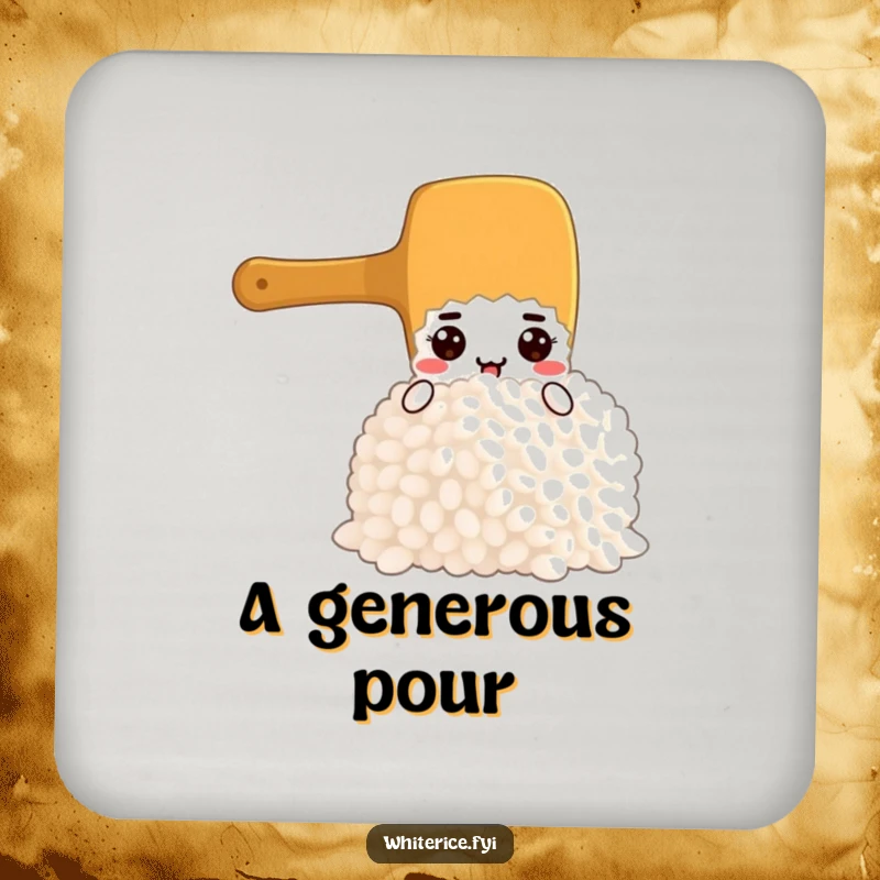 Funny coaster set showing a focused rice paddle character scooping rice, protecting surfaces with a side of culinary determination.