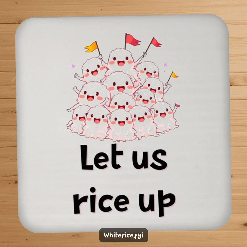 Funny drink coaster with a smiling pile of rice characters cheering and waving flags, protecting surfaces.