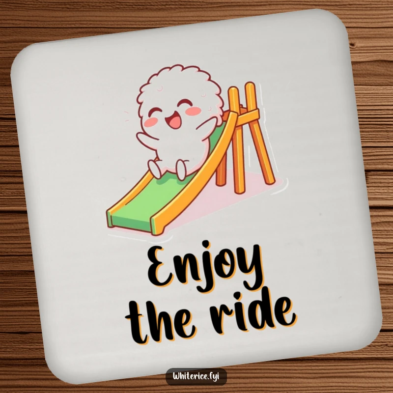 Funny coasters featuring a giggling white rice character sliding down a mini slide, providing stylish surface protection with a humorous and playful design.