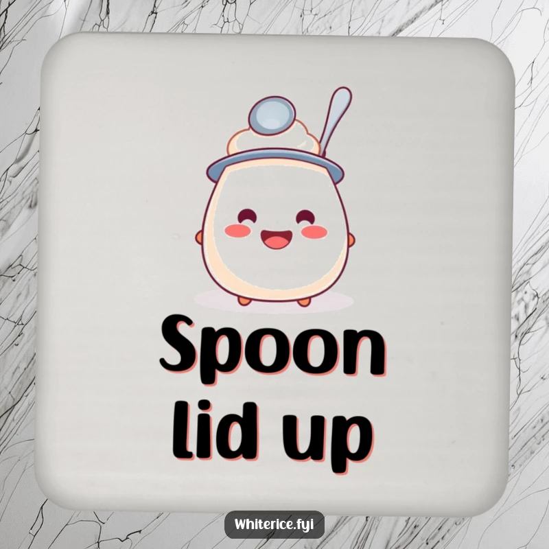 Funny drink coaster featuring a cute rice pudding with a spoon hat, adding a humorous touch to furniture protection.