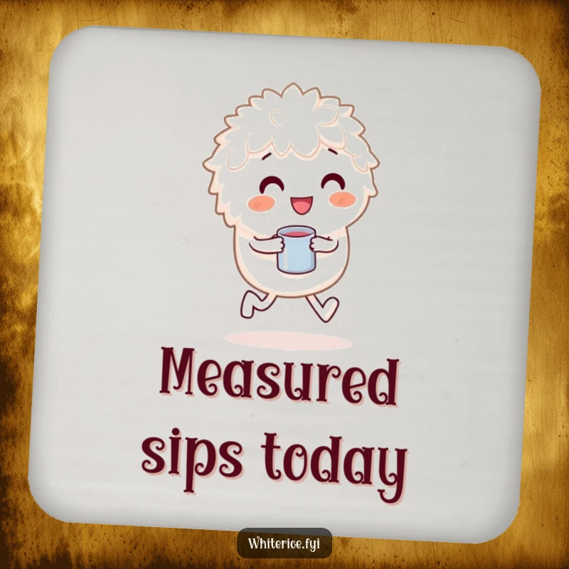 Funny drink coaster featuring a playful white rice character skipping happily with a measuring cup, for surface protection.