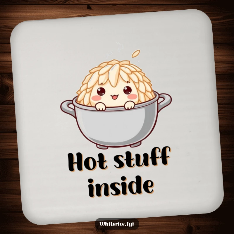 Funny drink coaster with a curious rice grain peeking out from a steaming pot, adding a humorous element to any table setting.